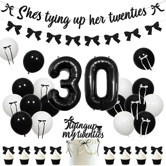 Black Bow 30th Birthday Party decor Glitter She's Tying up Her Twenties Banner Vintage Coquette Bow Garland Cake Toppers Bow Tie Ribbon Number 30 Foil Balloon for Woman Rip 20s Birthday Supplies