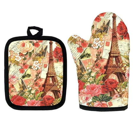 

Romantic Paris Tower Floral Pattern Kitchen Oven Gloves Heat Resistant Set Baking Accessories Oven Mitts And Pot Holders Sets