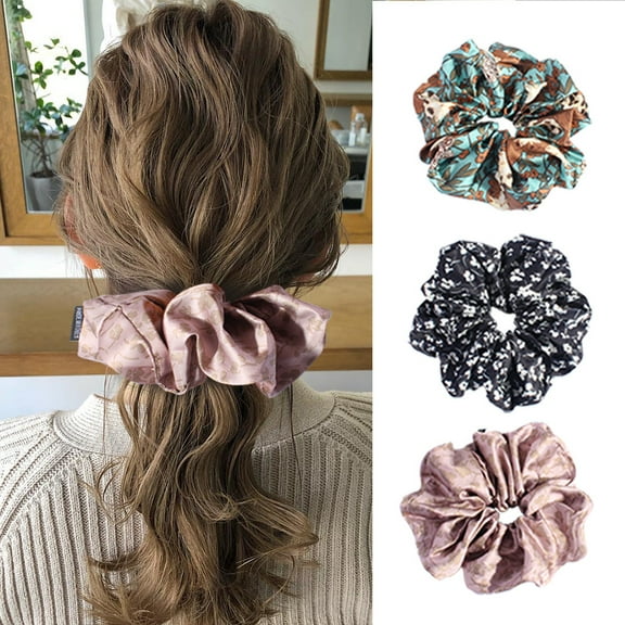 3PCS Scrunchies Hair Ties for Women - Big Silk Satin Scrunchie Cute Scrunchy for Curl Thick Hair Decorations Hair Accessories Gift for Girls
