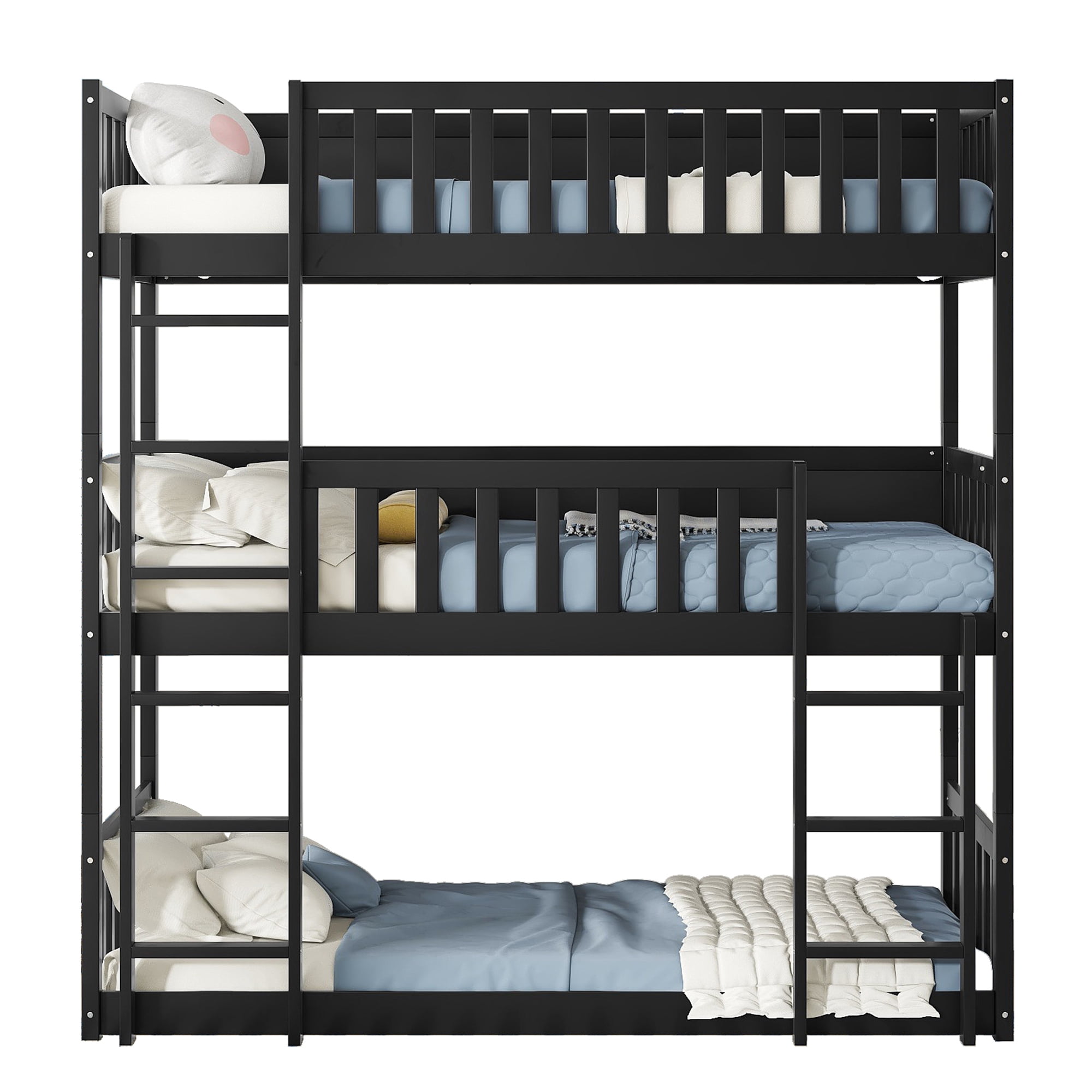 Leumius Twin over Twin over Twin Size Triple Bed Frame with Ladders and Guardrails,Detachable Bunk Bed for Boys Girls Black