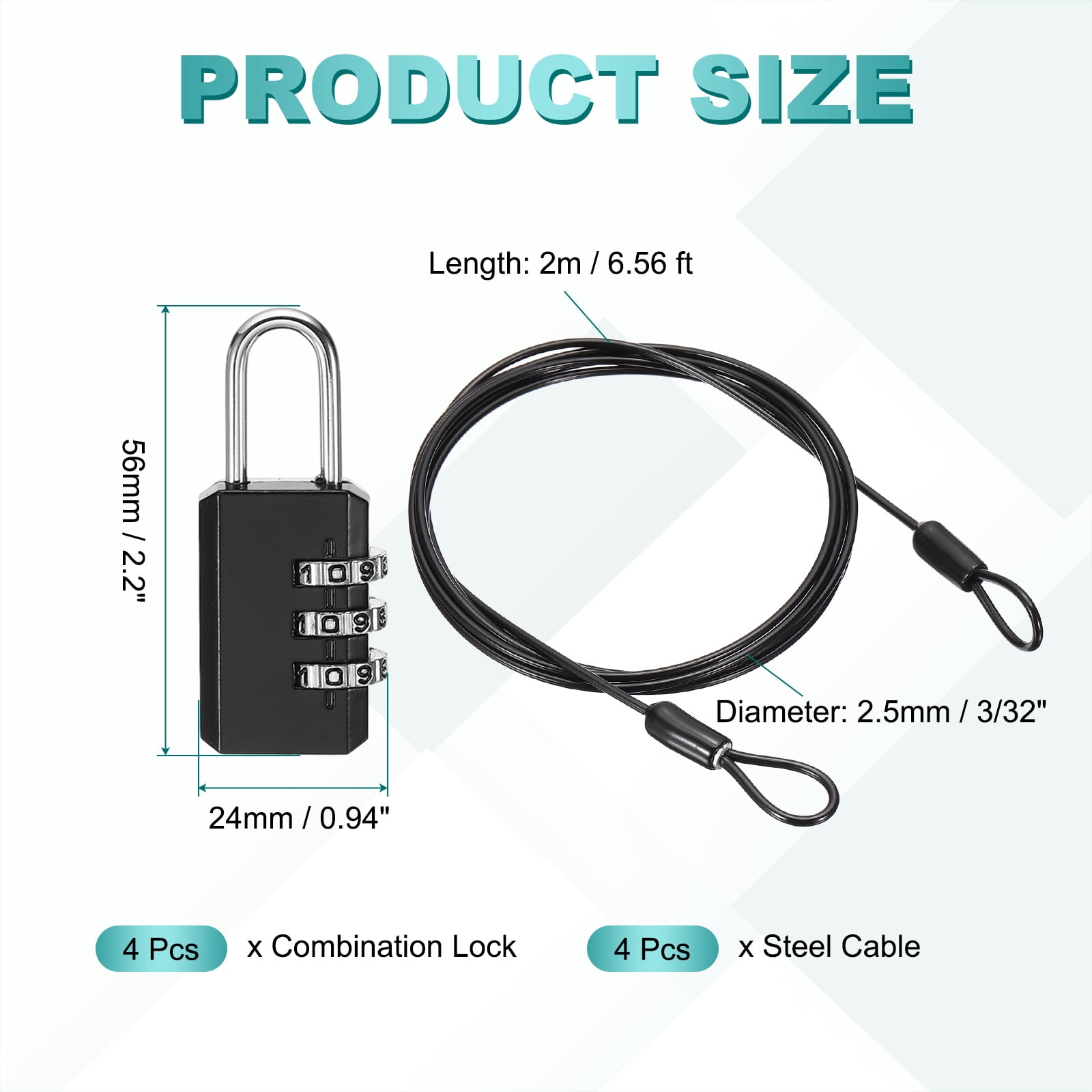 Uxcell Security Cable with 3 Digit Combination Lock, (6.56ft x 3/32", Black)(4Set), Braided Stainless Steel Safety Cable Wire Rope with Double Loop, Suit for Suitcase/Bicycle/Cabinets