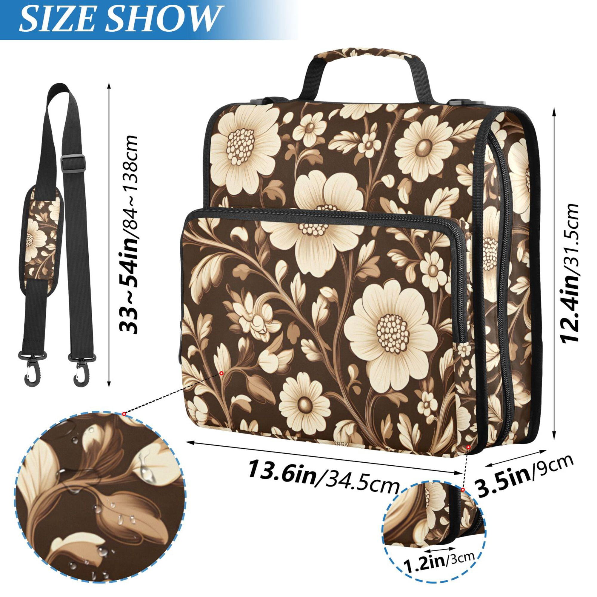 FORMRS Zipper Binder with Shoulder Strap 2-inch Ring 500 Sheet Capacity File Bag, Brown Floral