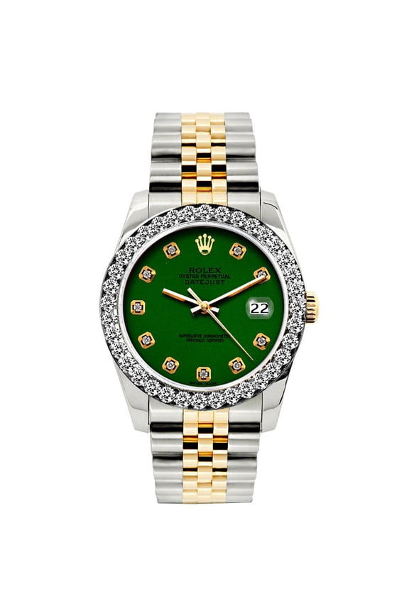 Pre-Owned Rolex Datejust Diamond Watch, 26mm, Yellow Gold and Stainless Steel Bracelet Green Dial w/ Diamond Bezel