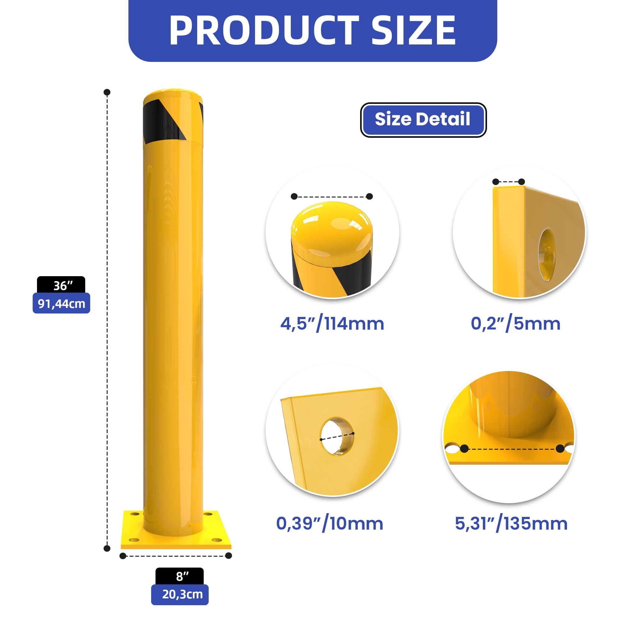 Dextrus Bollard, 36" Bollard Post, Safety Bollards for Warehouse, Yellow, 4PACK