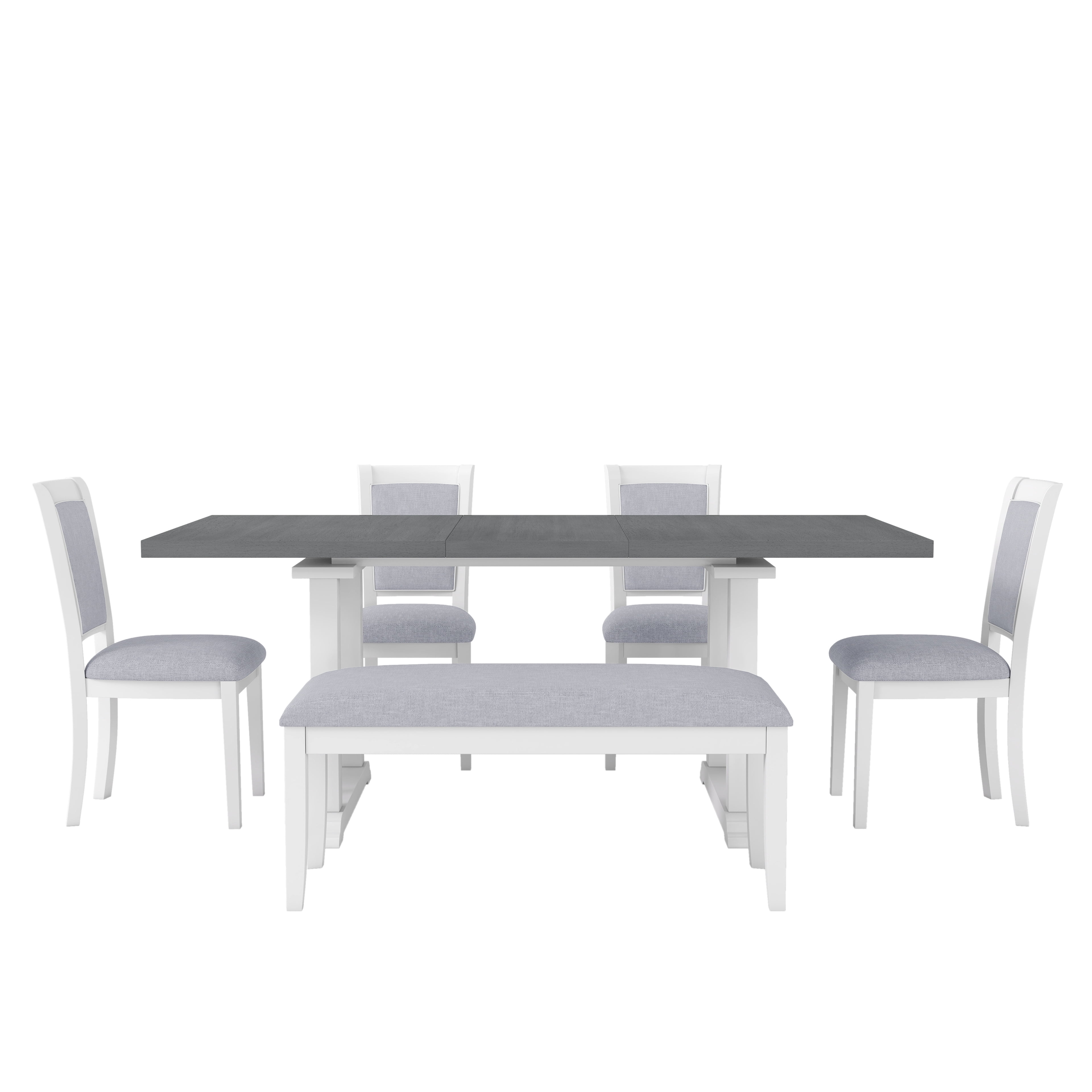 Euroco 6 Piece Farmhouse Dining Table Set for 6, 76.9" Extendable Trestle Kitchen Table Set with 4 Upholstered Chairs,1 Bench & Removable Leaf,Wood Kitchen Table and Chairs Set for Dining Room,Gray