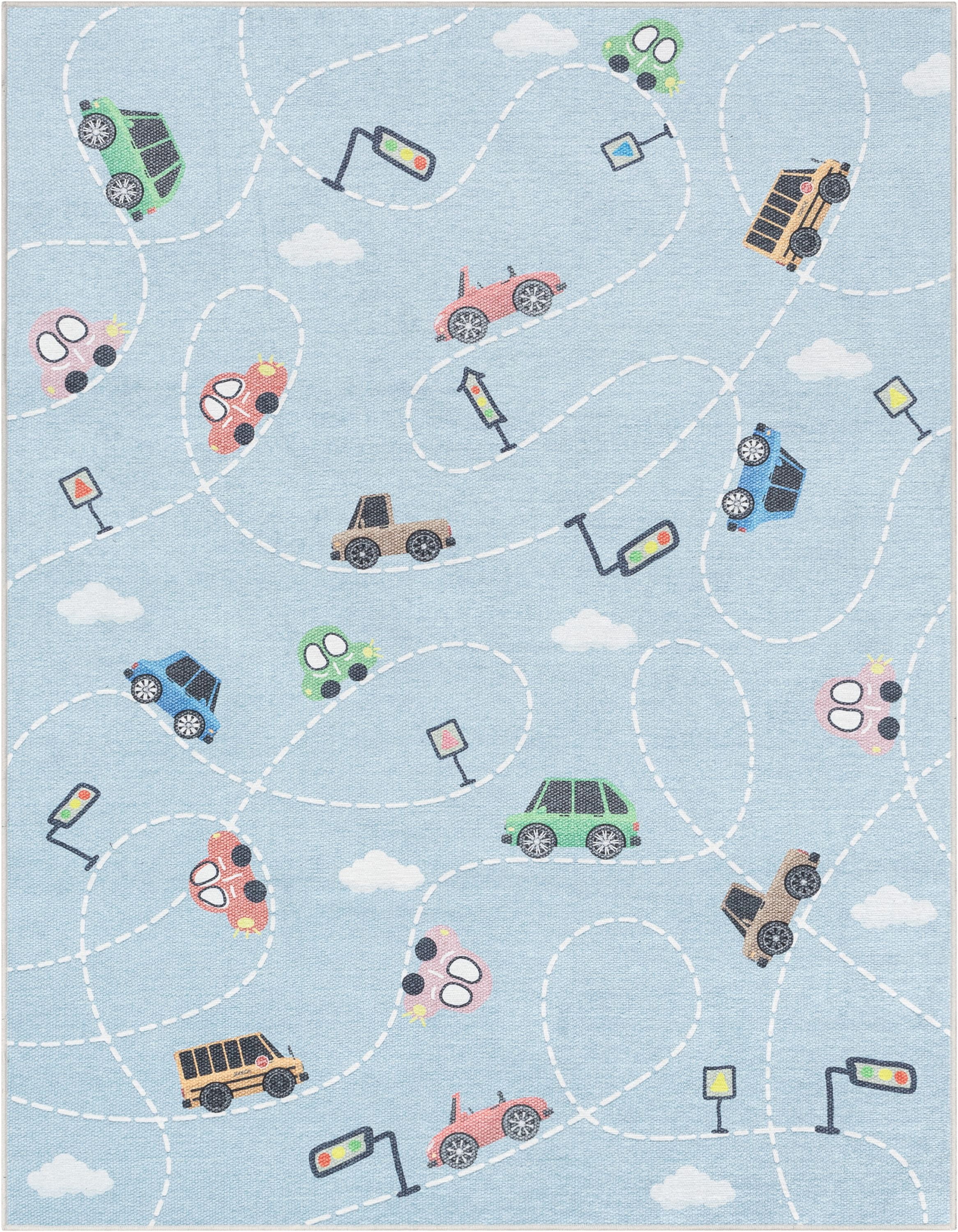 Well Woven Kids Rugs Traffic Modern Blue Printed Distressed Machine Washable 3'3" x 5' Area Rug