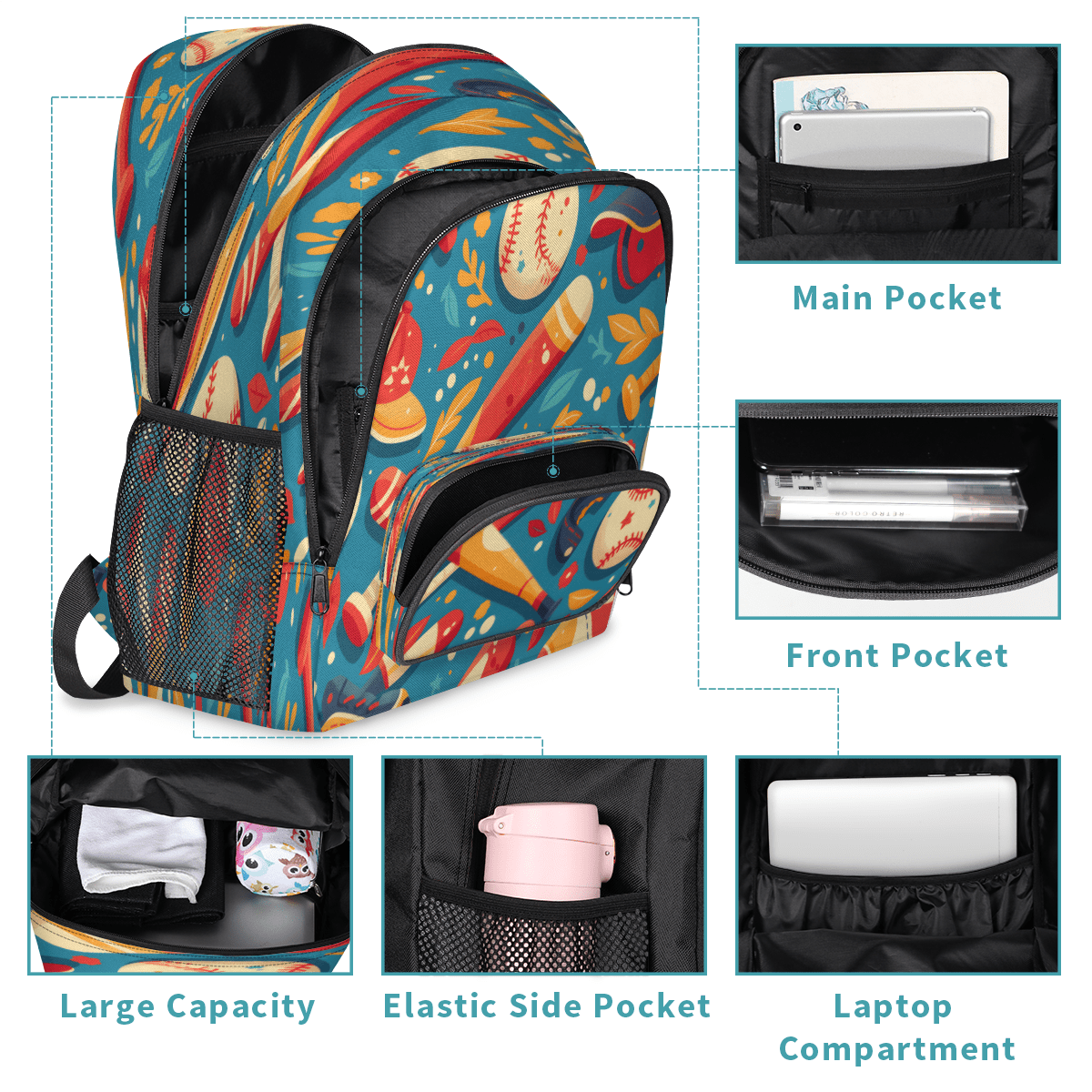 Herdesigns Baseball Laptop Backpack for Women Men, 18.3 Inch Sport Large Computer Backpacks Fashion Teacher Nurse Bag Casual Daypack for Work Travel