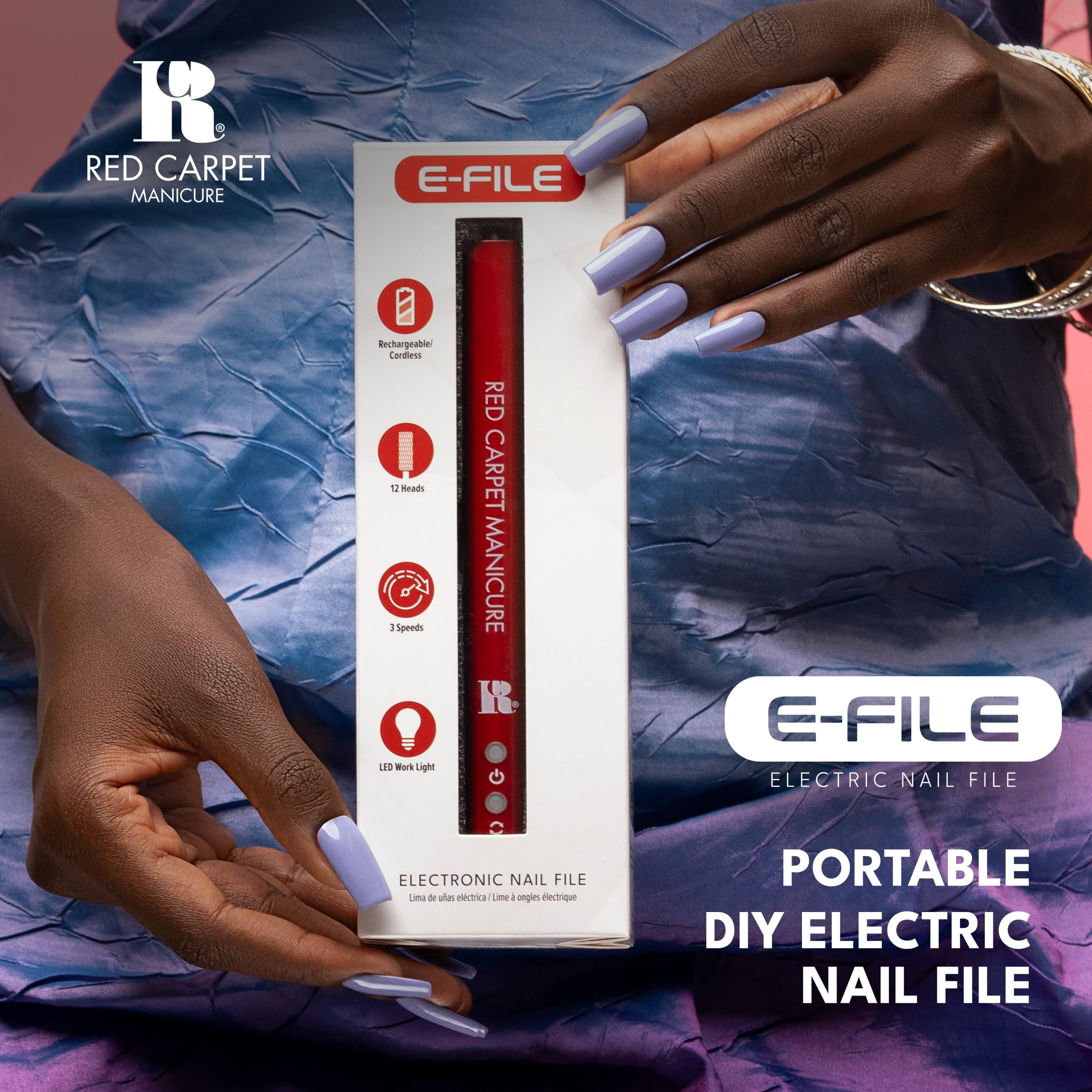 Red Carpet Manicure E-File Electric Nail File - Lightweight, Portable Nail Drill, Shaping, Filing, Gel Removal - 12 Interchangeable Bits & 6 Sanding Bands (E-File Electric Nail File)