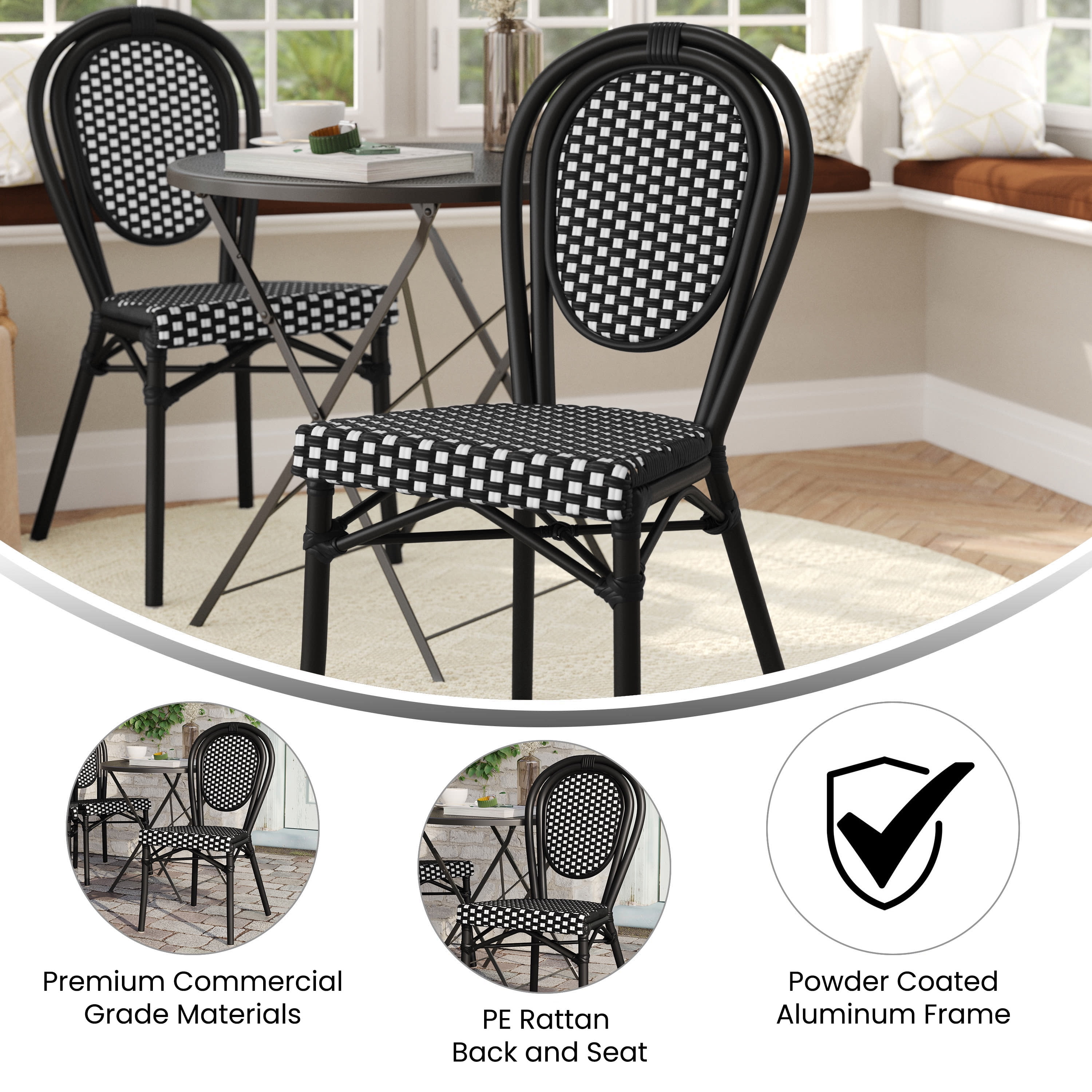 Flash Furniture Lourdes Indoor/Outdoor French Bistro Stacking Chair Black/White (SDA6422SBKWBK)
