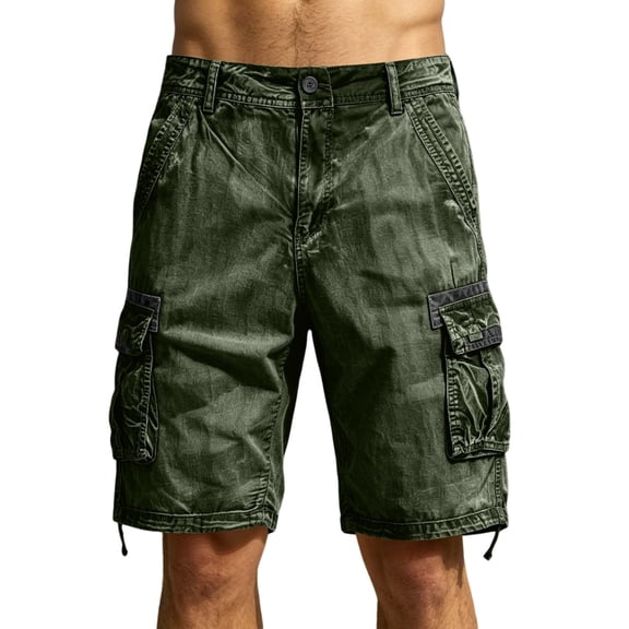 CIENVNSTG Men's Multi-Pocket Washed Cotton Cargo Shorts, Loose Fit Knee-Length Casual Shorts with Drawstring Hem Green L