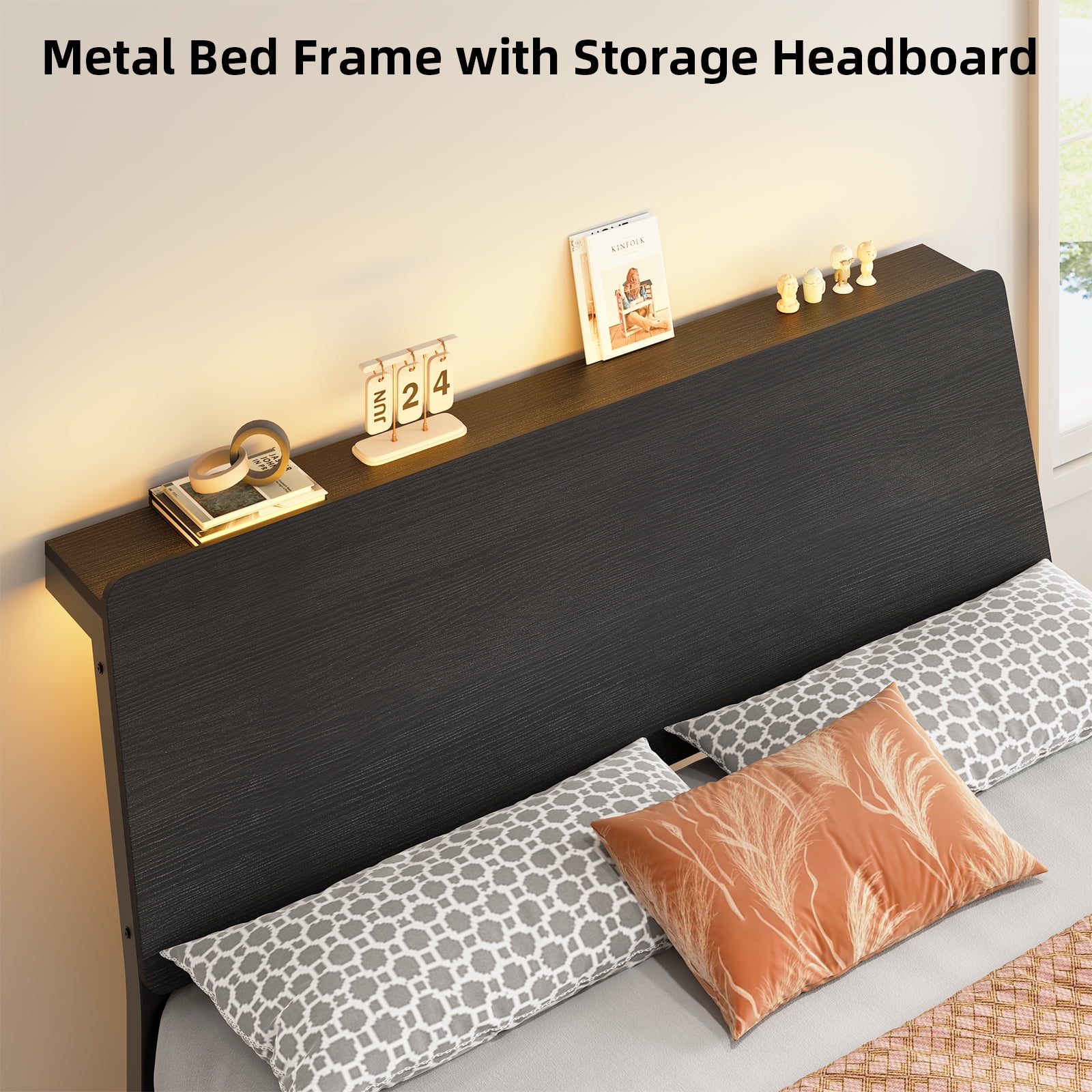 4 EVER WINNER Queen Bed Frame with Storage Headboard and LED Light, Metal Platform Bed Frame with Wooden Headboard, No Box Spring, Black