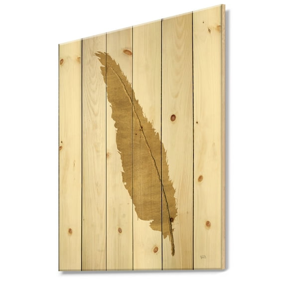 Designart 'Glam pure Gold Feather On White' Glam Print on Natural Pine Wood