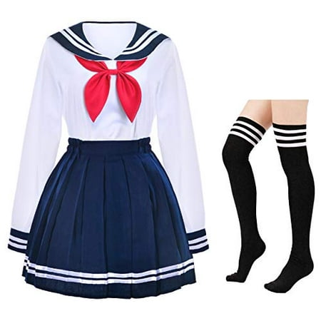 Japanese School Girls Uniform Sailor Navy Blue Pleated Skirt Anime Cosplay Costumes with Socks Set(SSF13) XL(Tag