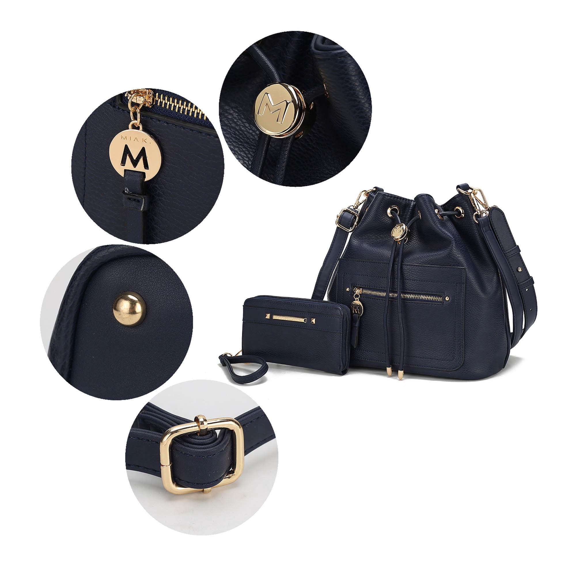MKF Collection Larissa Vegan Leather Women's Bucket Bag & Wristlet Wallet, Drawstring Hobo Purse Handbag 2 Pcs by Mia K - Black