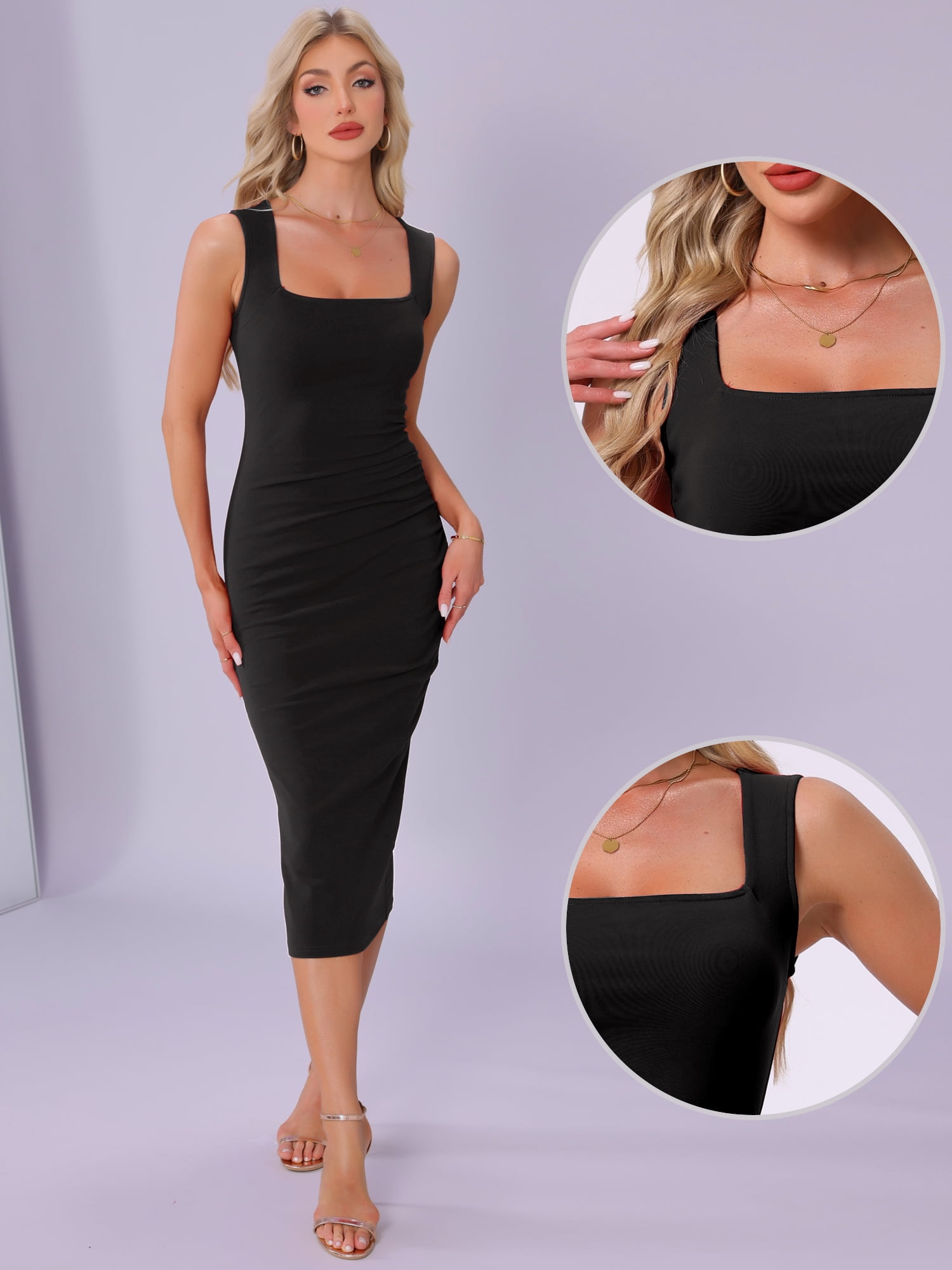 DARING DIVA Square Neck Waisted Ruched Tank Midi Dress XS Black