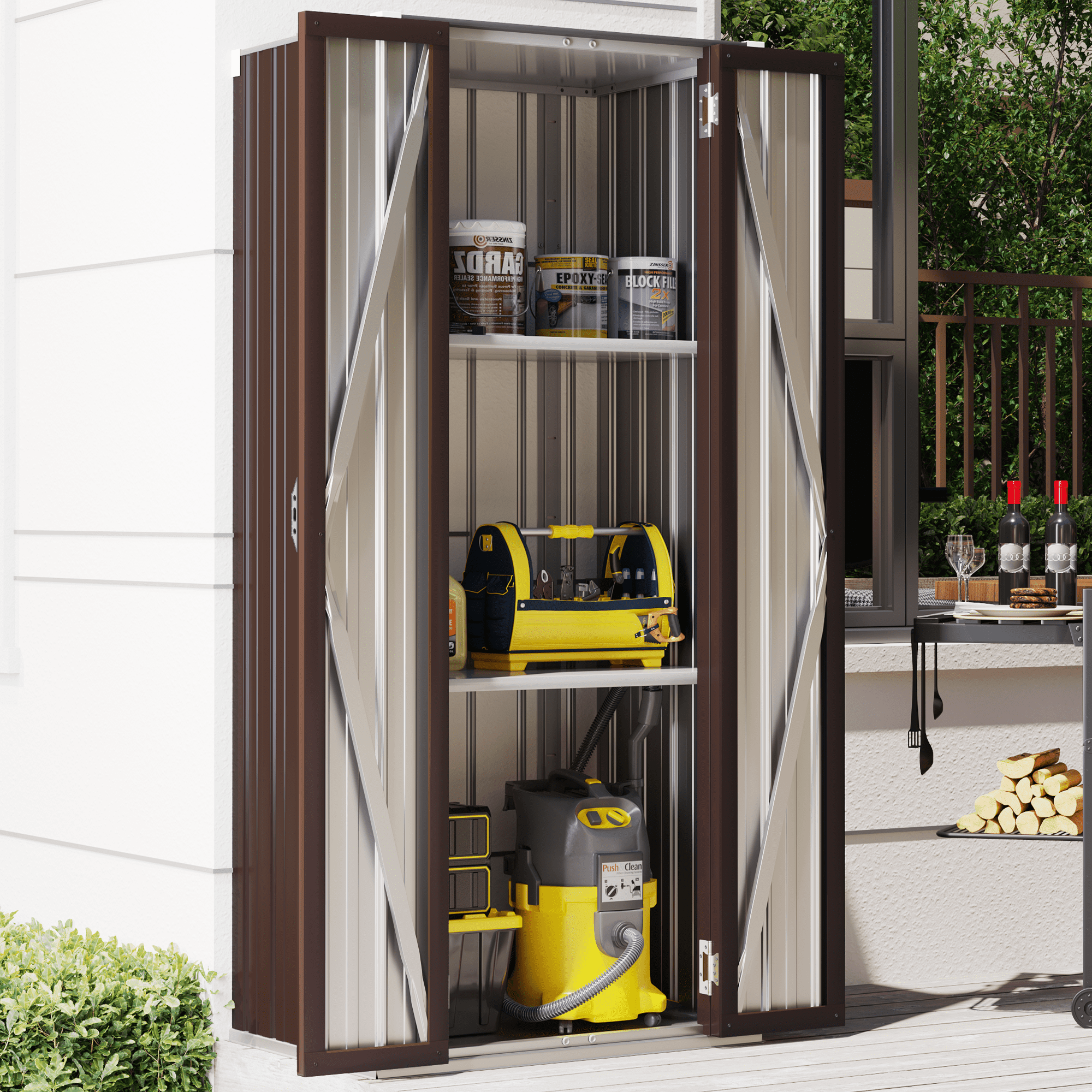 AECOJOY Outdoor Storage Cabinet Waterproof with Adjustable Shelves, Lockable Metal Outdoor Garden Storage Sheds Organizer in Brown, Versatile for Garage, Backyard, or Indoor Use
