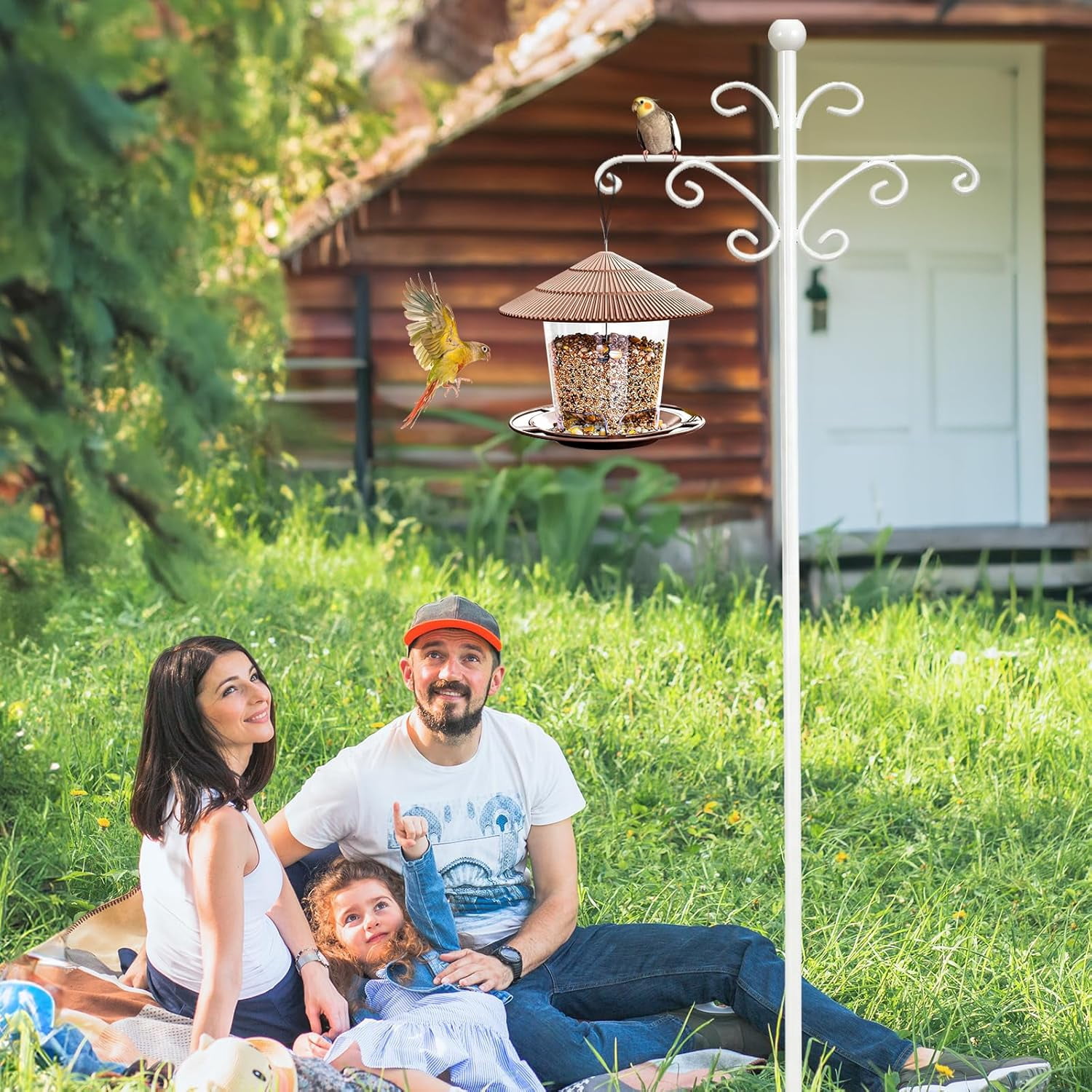 Bird Feeder Pole for Outdoors Heavy Duty Squirrel Proof, 2 Pack 76 Inch Adjustable Tall Shepherds Hooks for Outdoor with 7 Prongs Base, Double Shepherd Hooks (2 Pack White, 76 Inch)