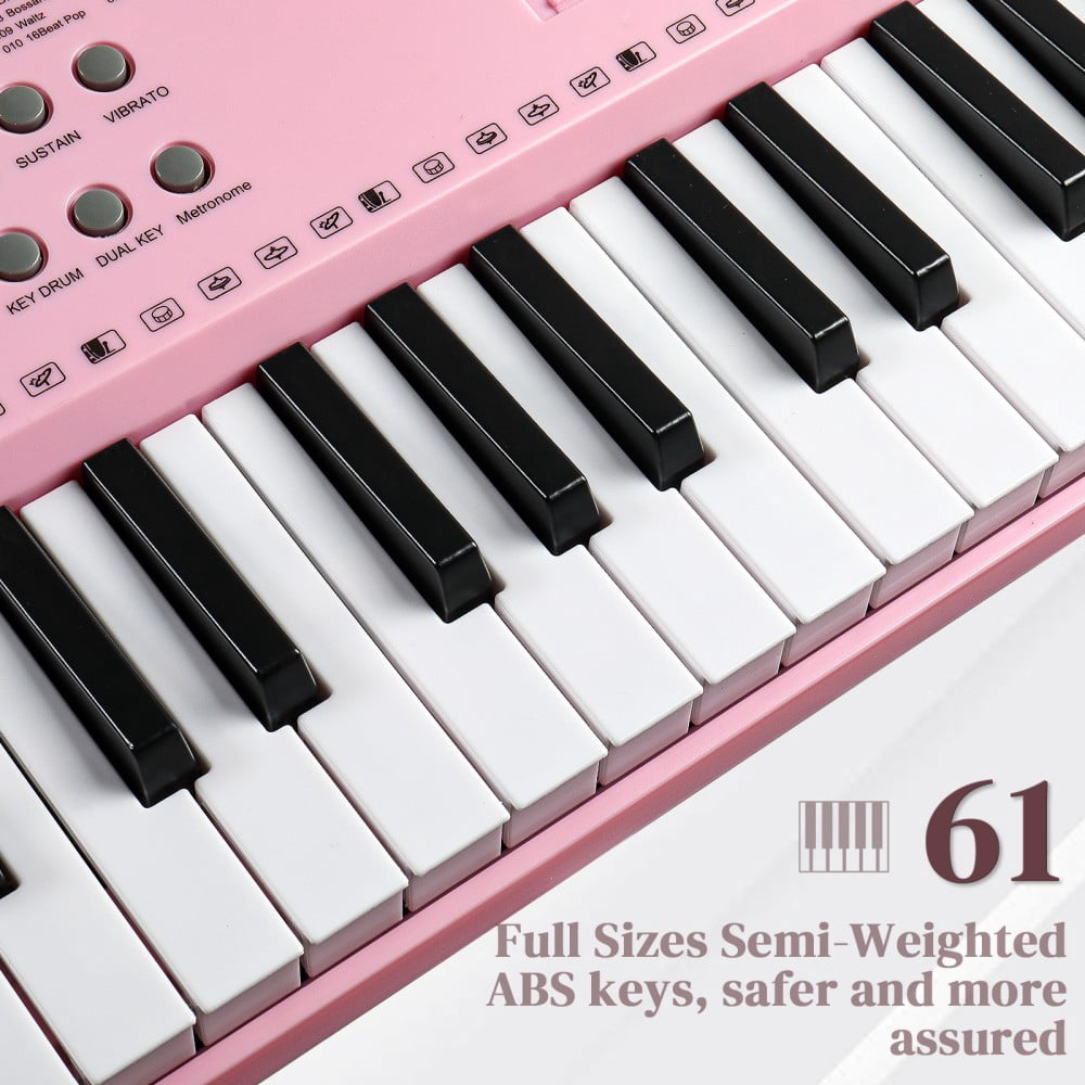 61-Key Portable Electric Keyboard Piano with Built-In Speakers, LED Screen, Headphones, Microphone, Piano Stand, Music Sheet, Including Stand and Stool (Pink)