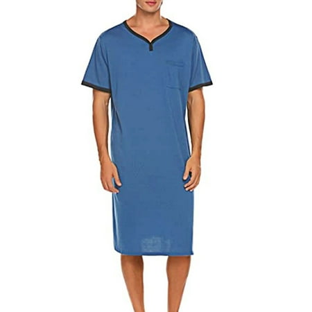 

Sunnymall Men Short Sleeve O Neck Pocket Nightdress Loose Knee-length Nightgown Homewear