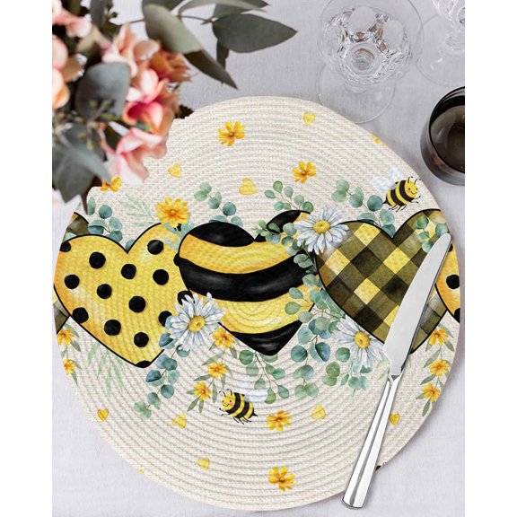 13 Inch Round Placemats Set of 4, Bee Love Non Slip Heat Insulation PP Table Mats, Daisy Eucalyptus Leaves Linen Rustic Beige Washable Place Mats for Kitchen Dining Party Table Decor