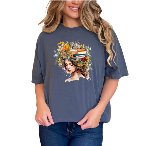 Floral Book Lover T-Shirt, Artistic Floral Head Design, Books and Flowers Art Tee, Unique Reader Gift, Literary Art, Boho Bookworm Shirt, Denim Comfort Colors T-Shirt, Small