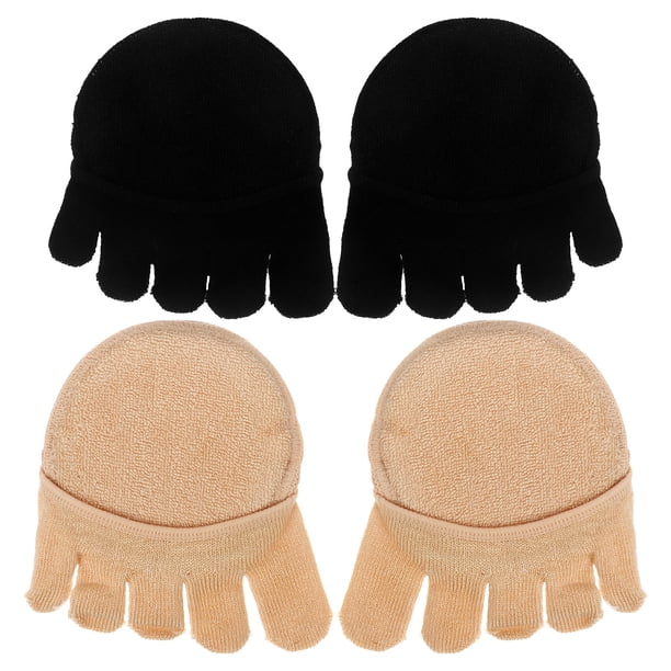 2 pares / paquete Calcetines de antepié para mujer Calcetines invisibles de algodón con cinco dedos Antideslizantes No-show Shocks (Negro + Beige)