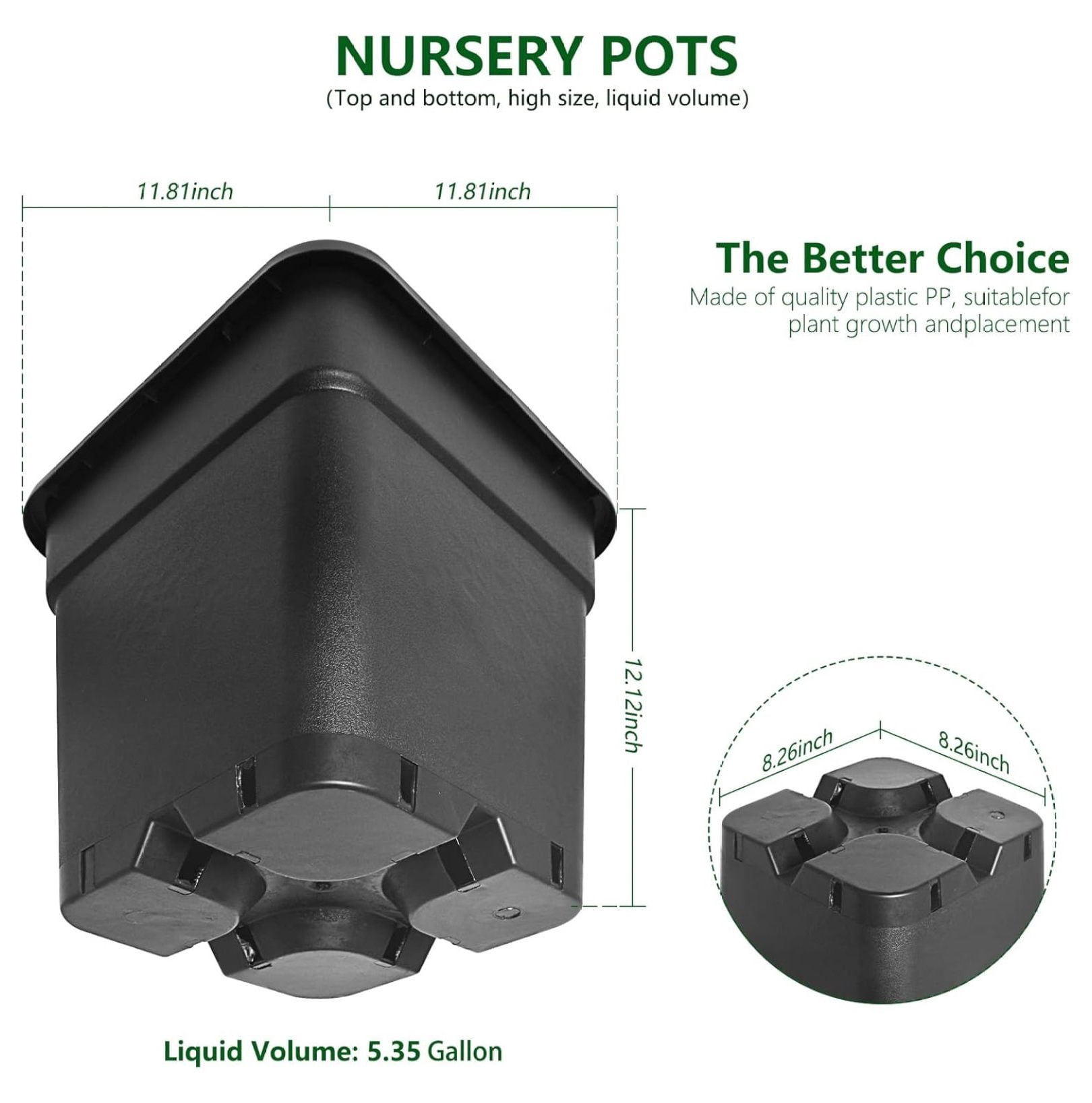 RainMan 10-Pack 5 Gallon Nursery Pots, Square Plant Containers for Indoor/Outdoor Use, Black Plastic Gardening Pots, Flower & Vegetable Grow Pots