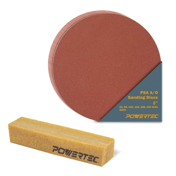 POWERTEC 30PK 8 Inch PSA Sanding Discs & Abrasive Cleaning Stick Set | Assorted Sandpaper - 5 Each of 60,80,100,120,180,240 Grits for Drywall, Woodworking, Random Orbital Sanders, DA Sanders, 110542N