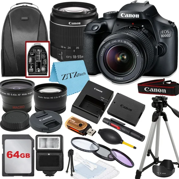 Canon EOS Rebel T100 / 4000D DSLR Camera with 18-55mm Lens, 64GB Memory, Tripod, Backpack and ZeeTech Bundle