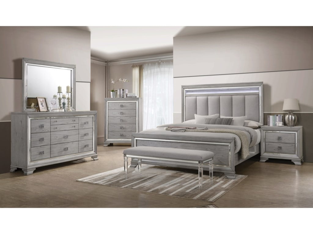 Contemporary 5pc Queen Size Bedroom Set Upholstered LED Headboard Bed ...