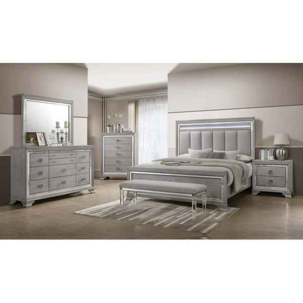 Contemporary 5pc King Size Bedroom Set, Light Grey Headboard Full Length Mirrored