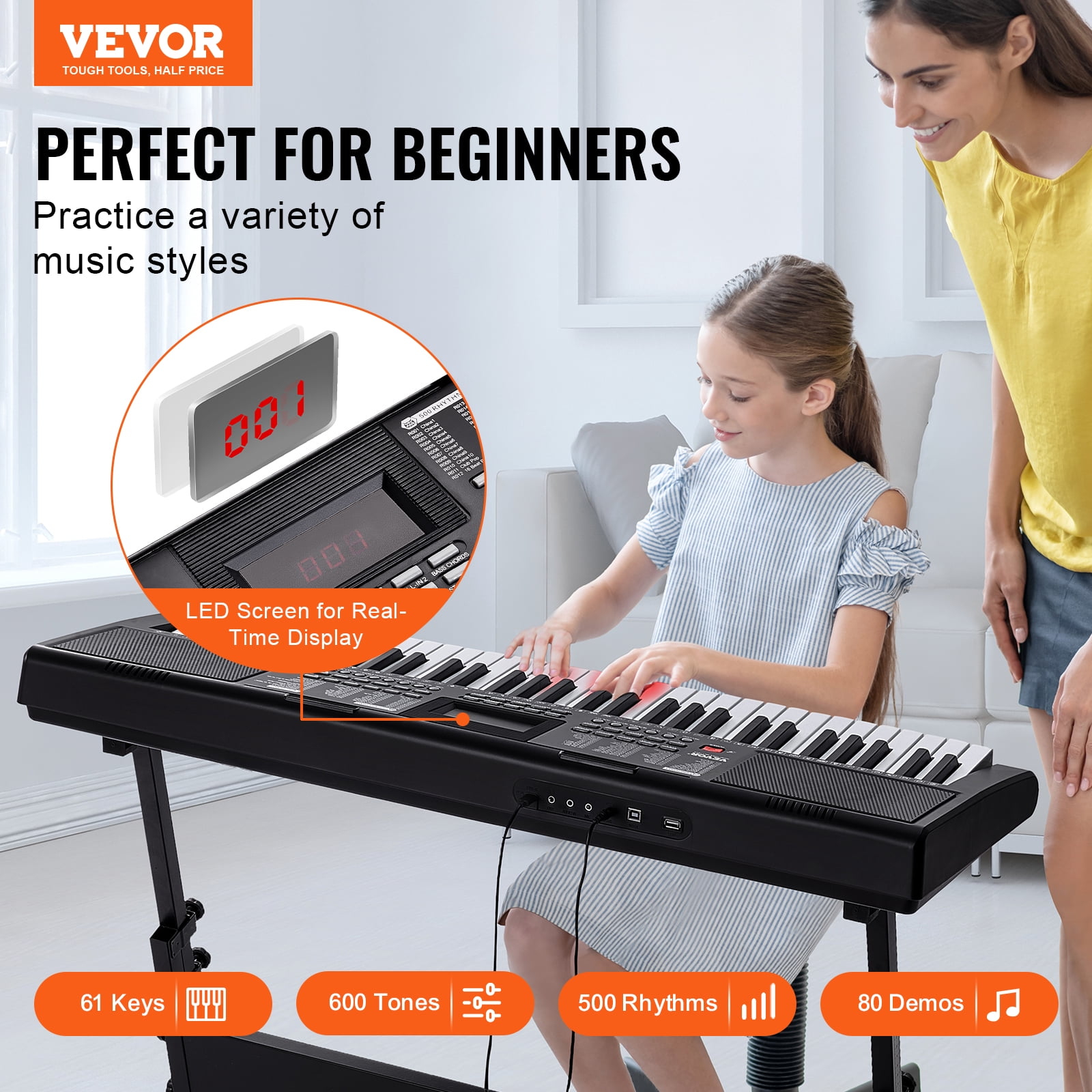 VEVOR 61 Key Digital Keyboard Piano, Lighted Keys, Electric Portable Piano with Adjustable Stand 600 Tones 500 Rhythms Built-In Speakers Sustain Pedal Headphones, USB MIDI for Beginners