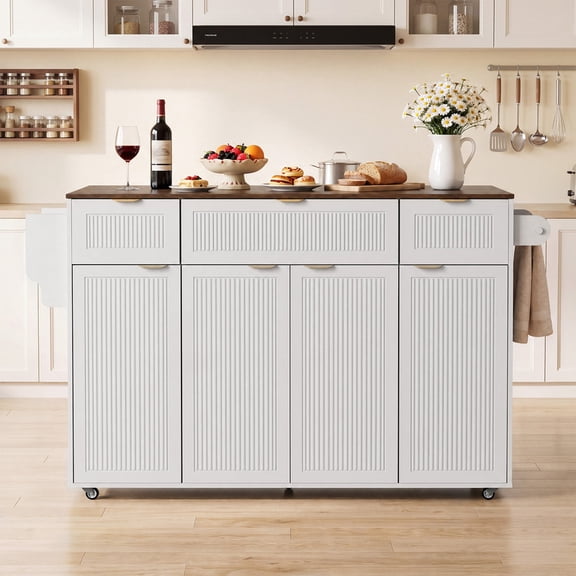 Jableast 47.2" Rolling Kitchen Island Cart with Drop Leaf, Kitchen Storage Cabinet with Power Outlet & 3 Drawers, White