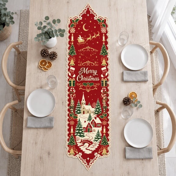 Red Christmas Table Runner 13x72 Inch, Swallowtail Linen-Look Table Runner with Vintage Snow Village Print and Lace Scalloped Edges, Xmas Holiday Dining Table Decor