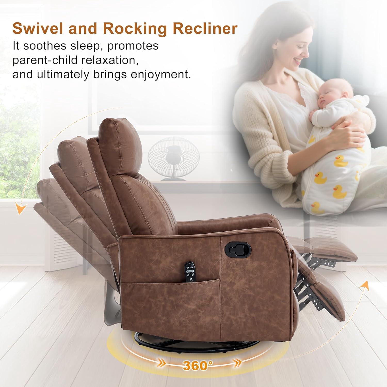 AENKYO Swivel Recliner Chair, Manual Rocking Massage Chair with Heat for Adults, for Living Room,Tan Faux Leather