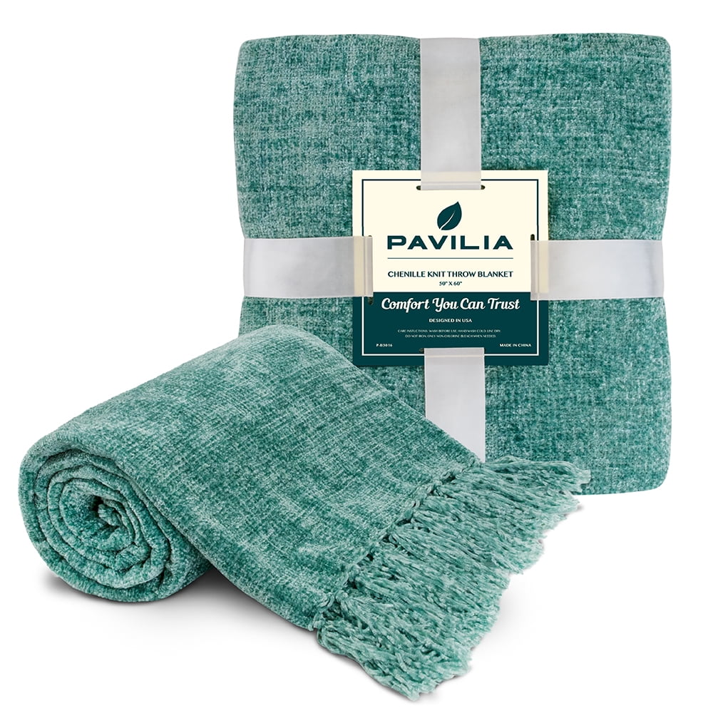 PAVILIA Teal Green Chenille Throw Blanket for Couch, Soft Turquoise Knit Blanket with Tassel Fringe, Woven Chenille Knitted Decorative Blanket for Sofa Bed Living Room, Decor Gift, 50x60