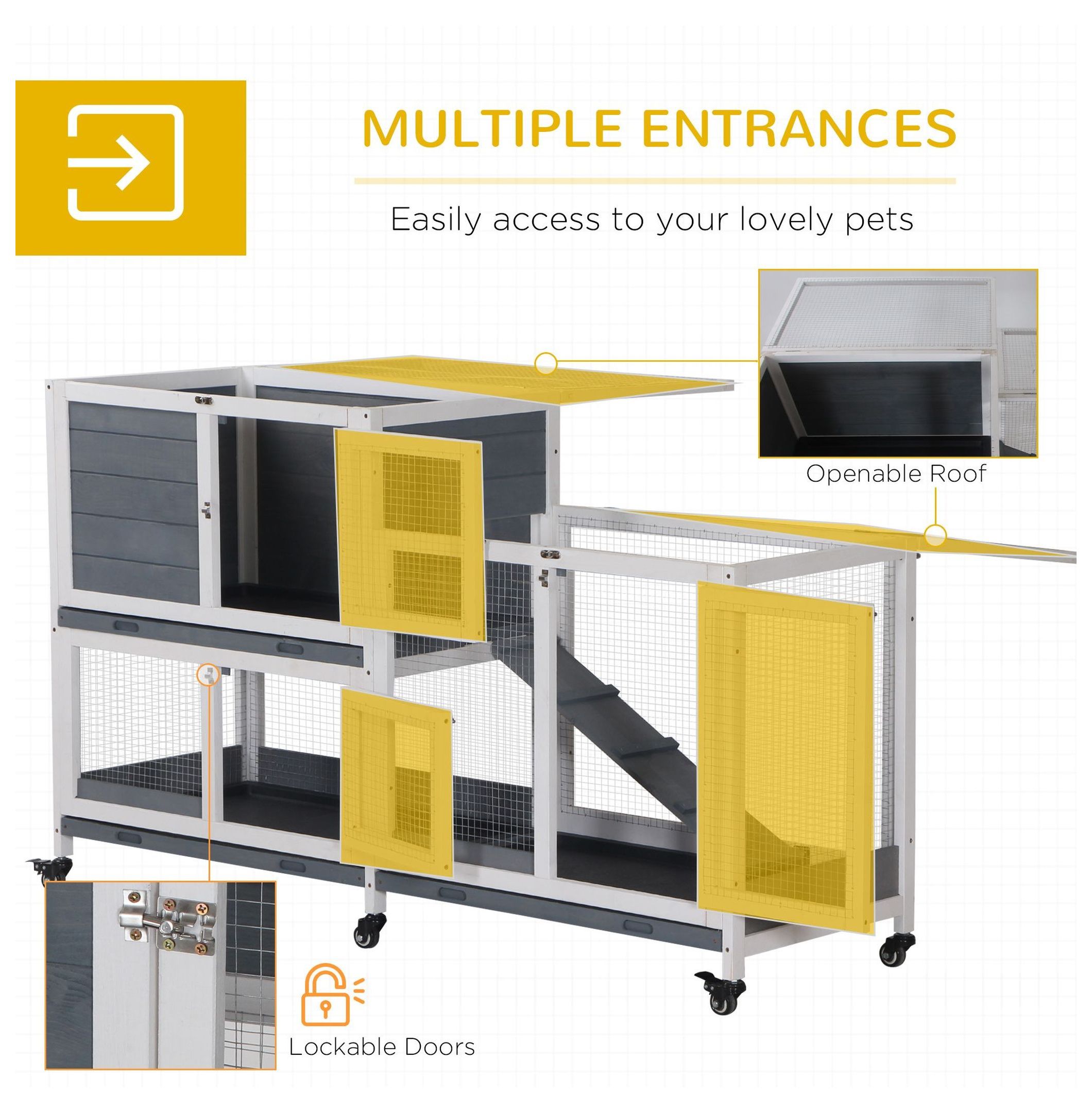 Indoor Rabbit Hutch, Wooden Bunny Cage, 2-Story Pet House with Lockable Doors & Ramp, Elevated Design, Easy Clean Tray, Gray