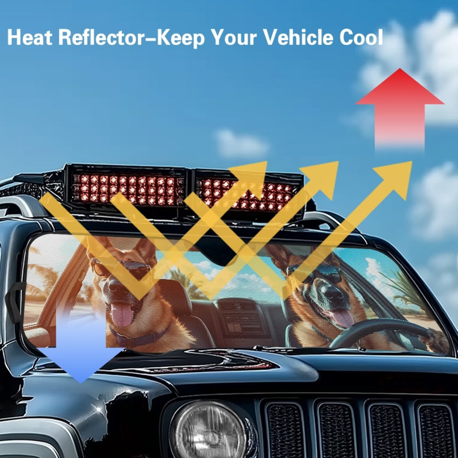 HUIACONG Cool Dog Foldable Windshield Sun Shade Compatible with Jeep Wrangler Sun Shade fit for Jeep Wrangler JL JLU 2018-2025 / Jeep Gladiator 2020-2025 ,Keep Car Interior Cooler