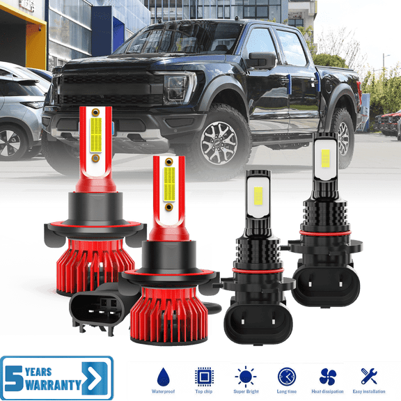 Fit for Ford F150 2004-2014 – H13/9008 9145 LED Light Bulbs Combo 4 Pack, 6,500K Cool White 30,000LM Super Bright, Premium LED High Low Beam Foglights Lamp Upgrade Set
