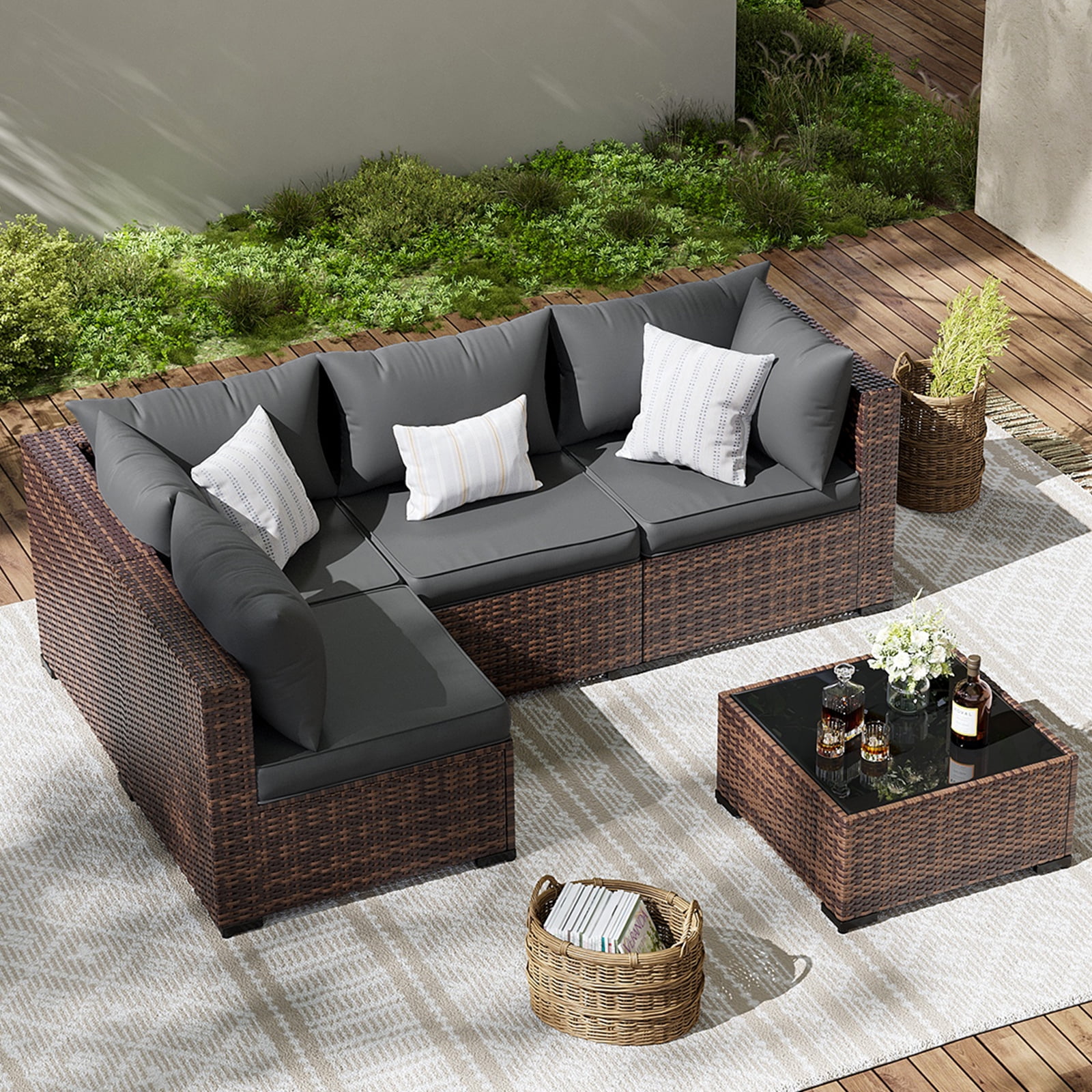 ELPOSUN 5 Pieces Patio Furniture Set All Weather Outdoor Sectional Sofa, Outdoor Modern Sectional Furniture Wicker Couch with Glass Coffee Table, Thicken Gray Cushions, Water Resistant