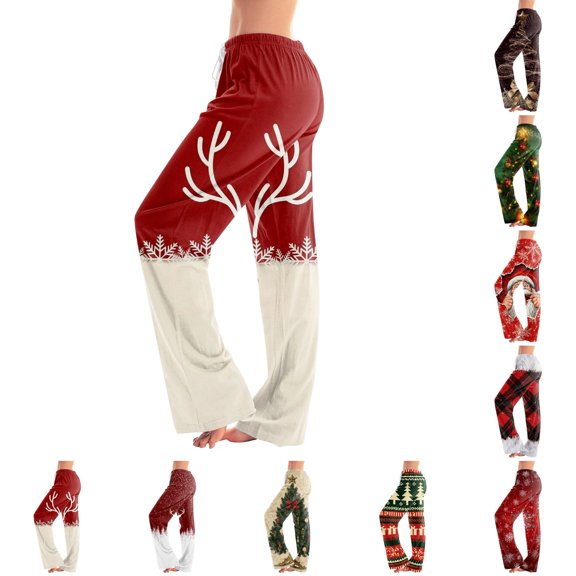 UDAUDU Christmas Pajamas Pants for Women Comfort Cute Print Wide Leg Lounge Pants Elastic Waist Loose Fit Pajama Pants 2XL