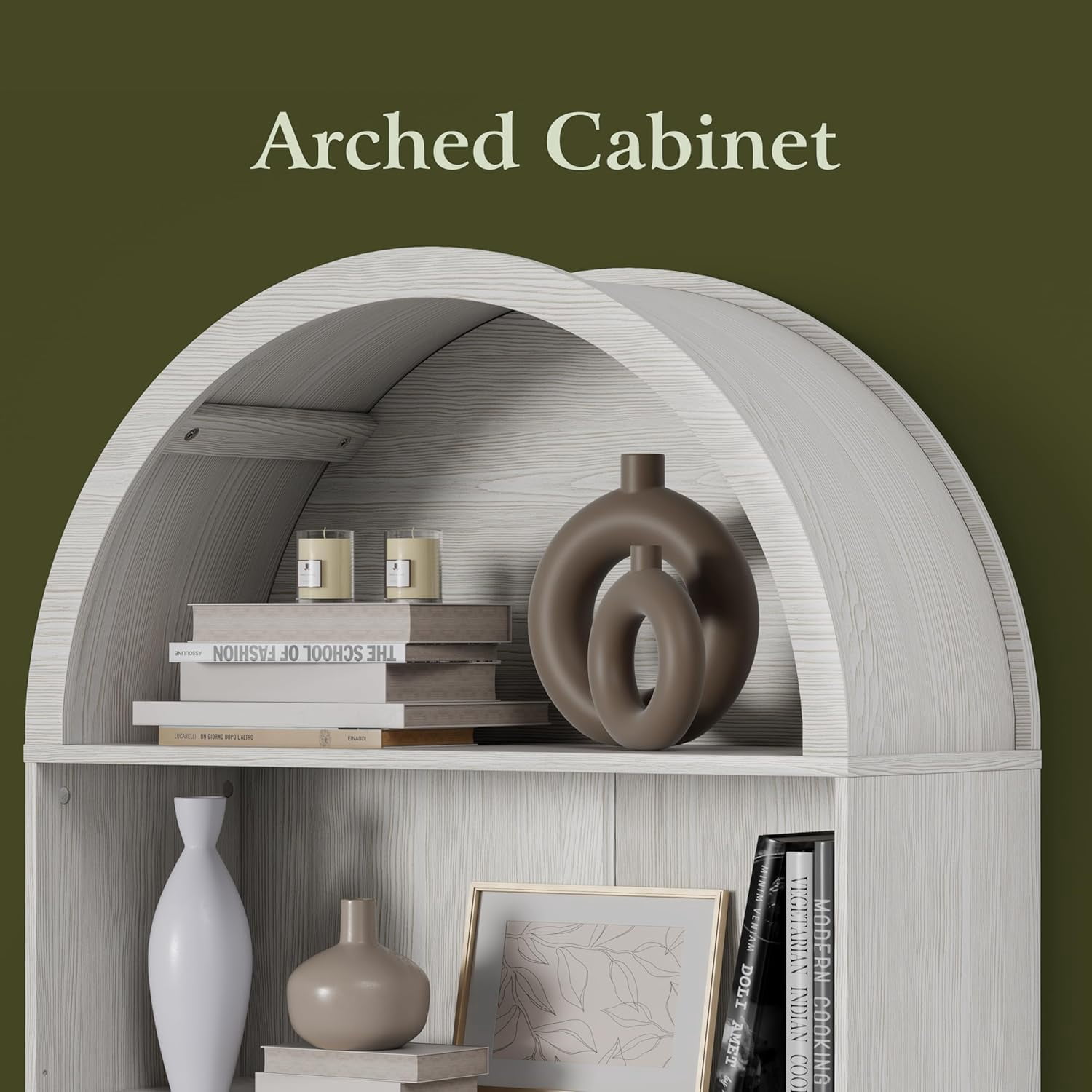 71" Tall Arched Bookshelf with Sliding Doors and Adjustable Shelves, 5-Tier Modern Farmhouse Bookcase, White Wood Display Cabinet for Living Room, Office