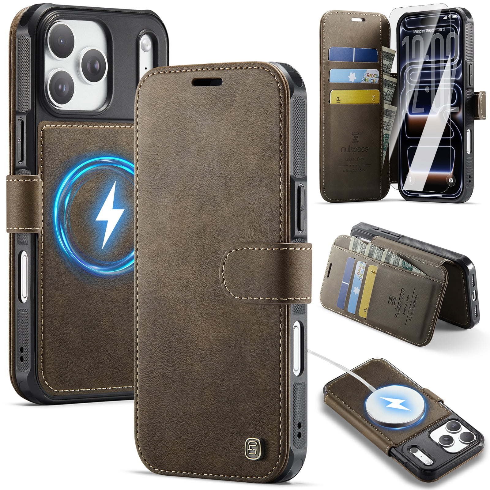 Dteck Flip Wallet Case for iPhone 17 Pro Max with Screen Protector, PU Leather RFID Blocking Card Holder Shockproof Magnetic Phonoe Cover,Brown