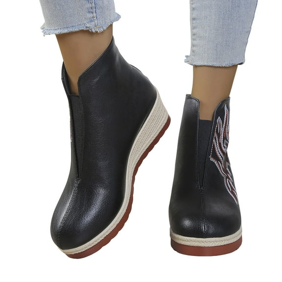 Wedge Leather Ankle Boots for Women Embroidered Slip On Short Chelsea Booties Comfortable Non Slip Platform Boots Black Size 9.5