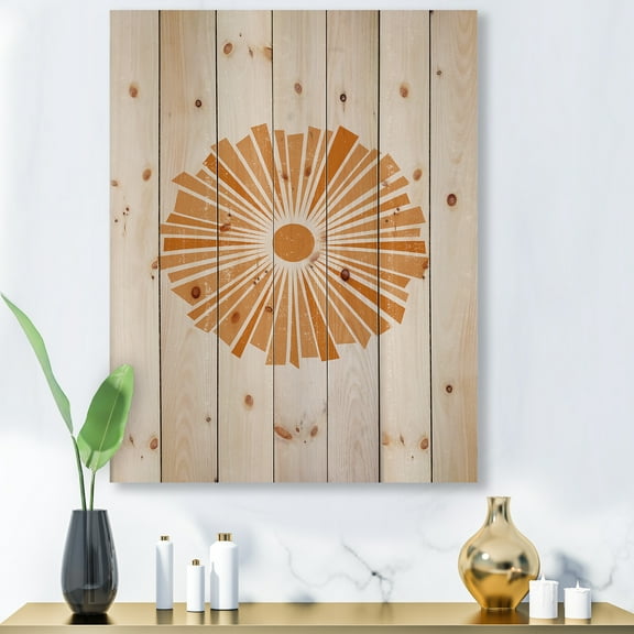 Designart 'Orange Radiant Sun I' Modern Print on Natural Pine Wood