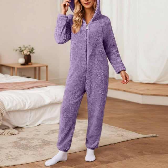 Timegard Combinaisons Grande Taille pour Femmes Automne Hiver en Molleton Doux à Capuche avec Fermeture Éclair, Pyjama Chaud