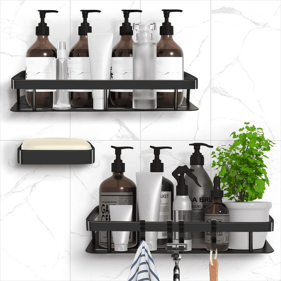 2 Pack Adhesive Shower Caddy Bathroom Shower Shelves with 4 Hooks, Space Aluminum Shower Organizer - Rustproof Waterproof and Easy Mount