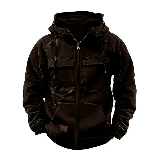 KIHOUT Zip up Hoodie Men Full Zip Long Sleeve Sweatshirt Tactical Hooded Drawstring Pullover with Multi Pocket Workout Jacket