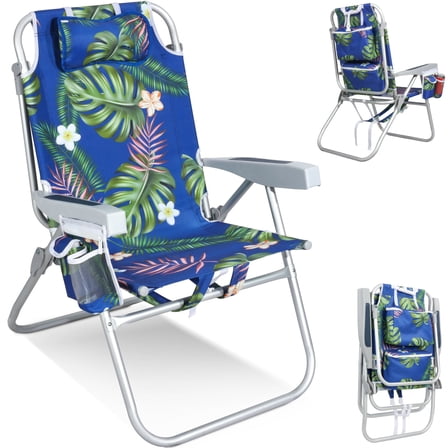 Tall Beach Chairs for Adults – 5-Position Reclining Backpack Chair with Large Insulated Cooler & Storage Pocket, Aluminum Frame, Portable for Travel & Outdoor, Supports 300lbs, Tropical Palm