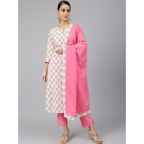 Janasya Indian Women's Off White Cotton Floral Print Kurta with Pant and Dupatta